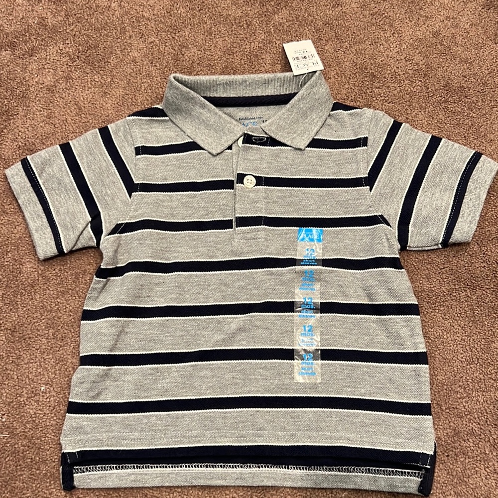 Children’s place Short Sleeve Polo Shirt, Sz 12 month, Gray with Black Stripes,
